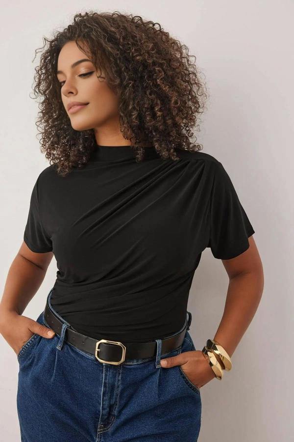 WOVCOR High Neck Gathered Knit Plus Size Blouse