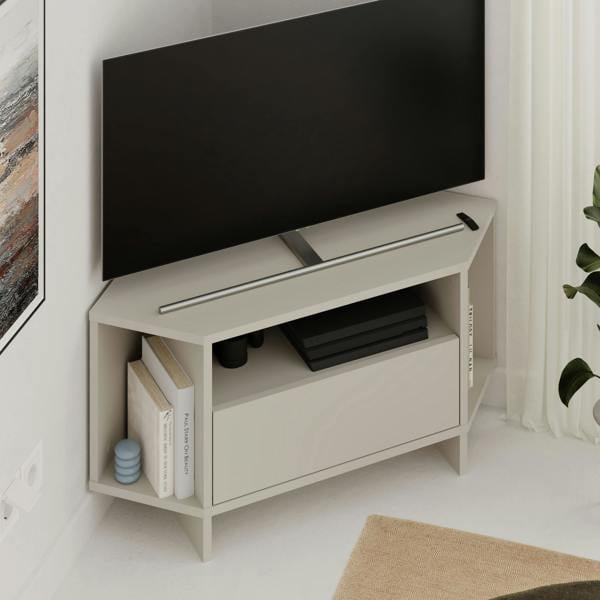 Decortie Modern Viva Corner TV Unit Shelf up to 36 Inch TVs Push to Open Storage Cabinet, 3 Open Shelf Media Centre 95.7(W)cm
