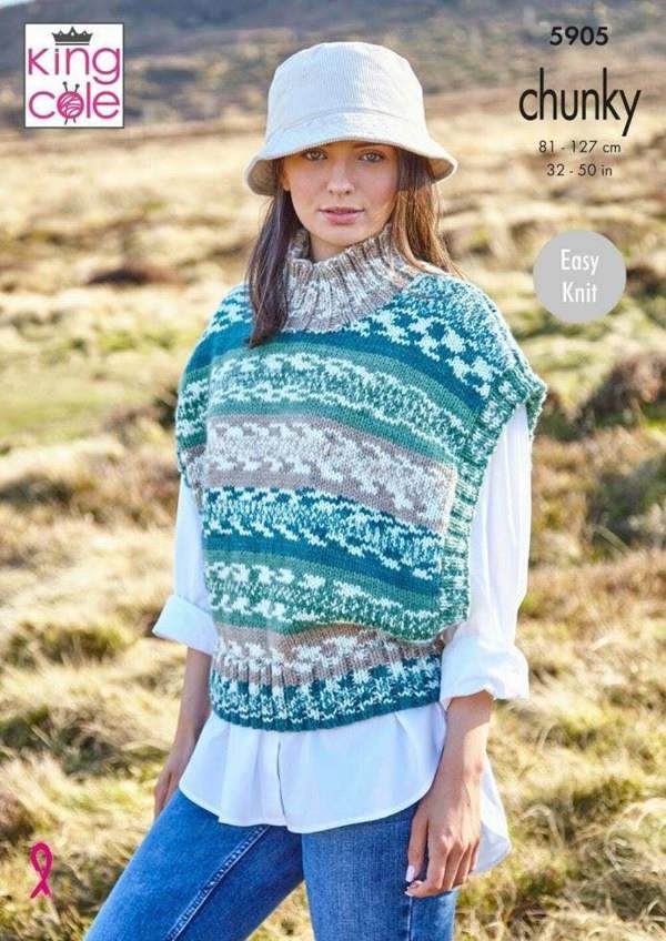 King Cole Nordic Chunky Knitting Pattern 5905, Slipovers for Women, 32 - 50 Inches - Easy