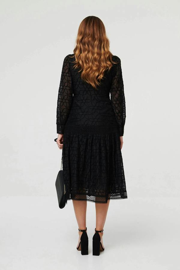 Black | Printed Long Sleeve Smocked Maxi Dress