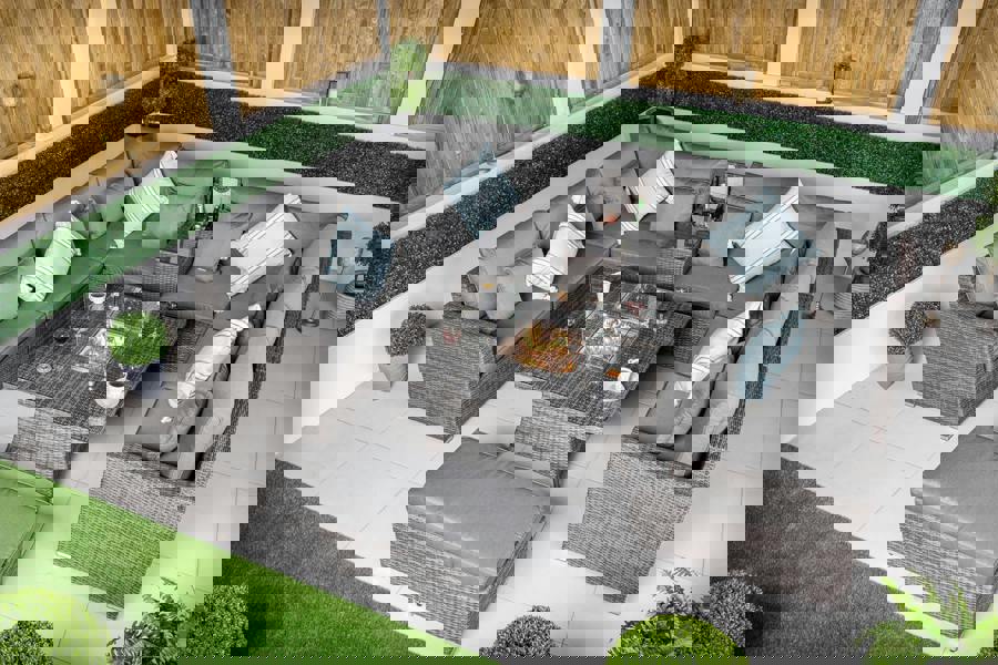 Giardino Havana 8 Seat Modular Sofa Rattan Garden Furniture Set Outdoor Drinks Cooler & Fire Pit Coffee Table, Bench