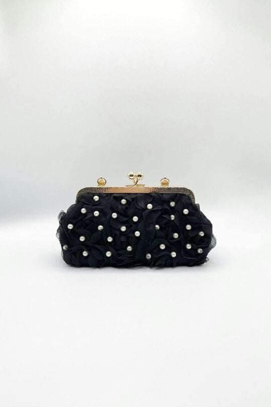 SVNX Lace Floral Clutch Bag with Pearl in Black