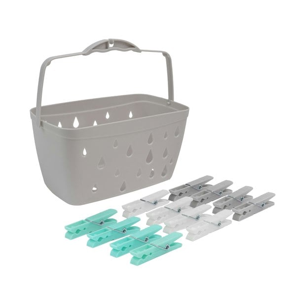 JVL Plastic Peg Basket, Grey with 100 Strong Hold Plastic Pegs, Aqua