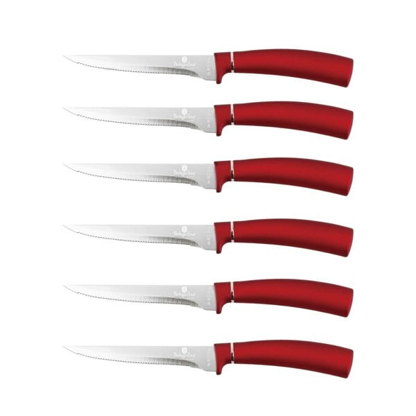 Berlinger Haus 6-Piece Burgundy Steak Knife Set displayed on white background.