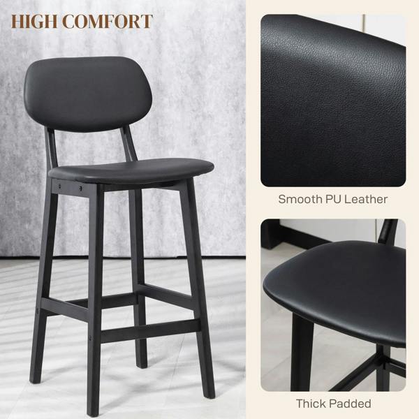Black bar stool close-up: smooth faux-leather seat with thick padding and curved backrest