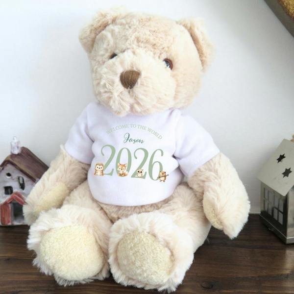 Personalised Luxury Teddy Bear with Green Woodland Animals T-Shirt