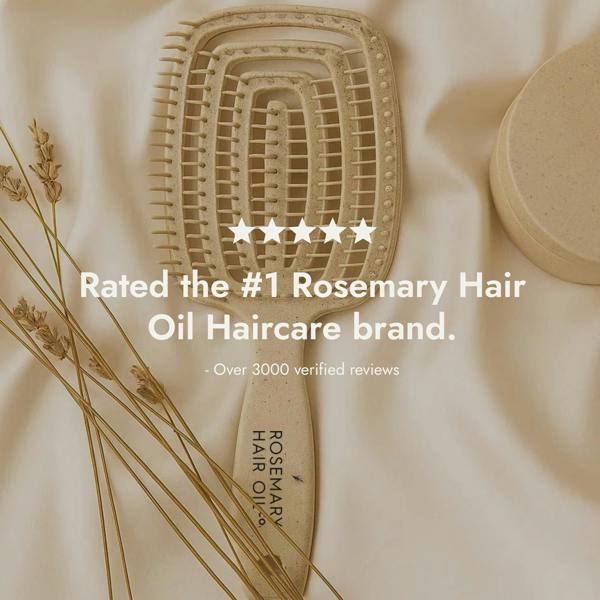 Beige hairbrush with 'Rosemary Hair Oil Co.' branding on a beige background, detangle brush, tangle teaser, flexi brush, review, 5 star