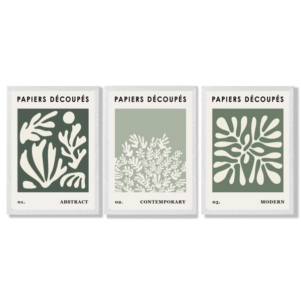 Matisse Floral Set of 3 in Green and Sage Framed Art Prints with White Wooden Frames