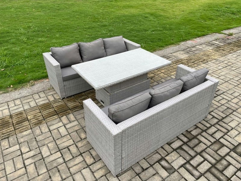 Fimous Rattan Outdoor Garden Funiture Set Height Adjustable Rising Lifting Table Sofa Dining Set with Light Grey