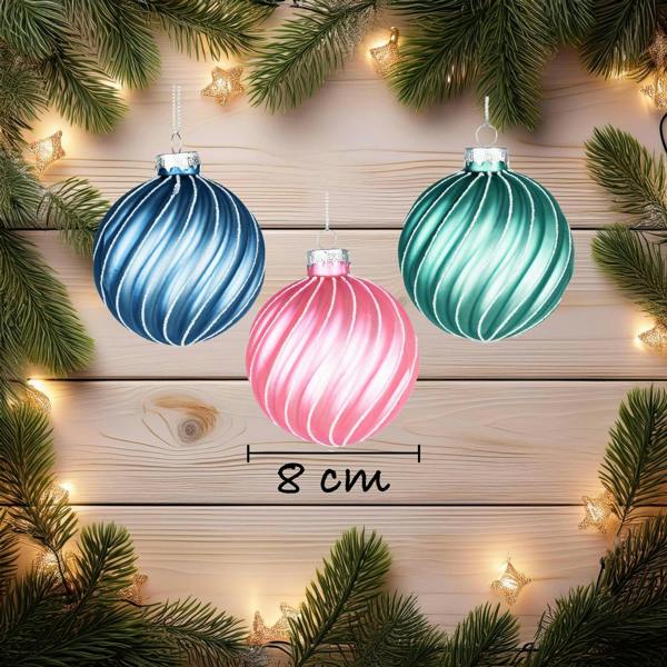 8cm Glass Christmas Baubles 12 Pack in Assorted Green, Pink and Blue Festive Designs image 4