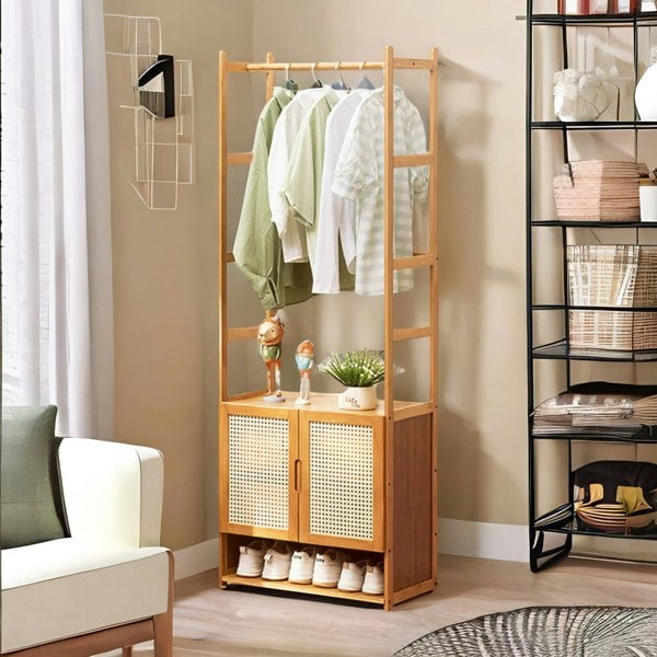 BMBO Wooden Hall Tree Coat Stand With Shoe Rack Natural Brown