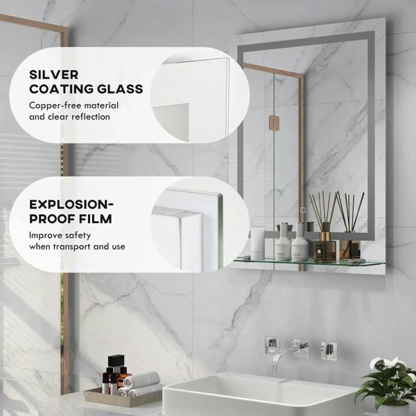 Illuminated bathroom mirror with LED frame, glass shelf, and protective coating details