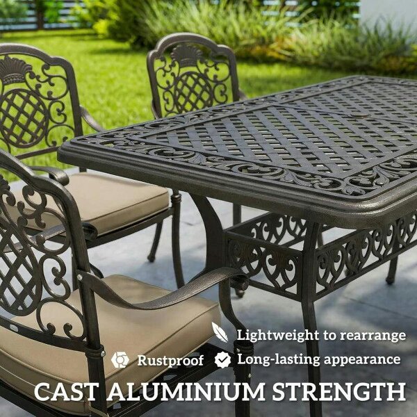 Garden Dining Set for 6, Cast Aluminium Outdoor Table and Chairs Set with Cushions, Parasol Hole for Patio, Bronze Tone