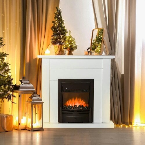 Bobobiy 40" Electric Firplace Suites & Mantelpiece with LED Flames Remote Marble Stone Modern Curved Surround Intelligent Safe Tempered 1000W/2000W