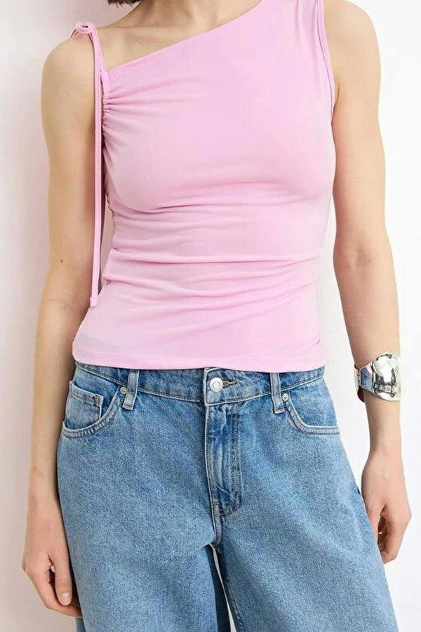 WOVCOR Fitted Asymmetrical Neckline Tie Detail Stretch Knit Blouse