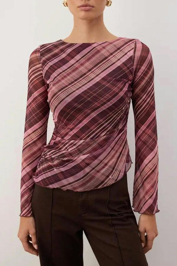 WOVCOR Shawl Print Boat Neck Asymmetric Detail Fitted Long Sleeve Mesh Blouse