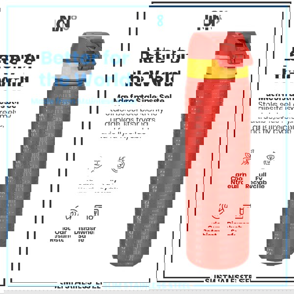 A red and yellow stainless steel water bottle stands against a white background. It displays the repeated text "Kansas City Chiefs Kingdom". The bottle is described as durable, recyclable, odor resistant, and dishwasher safe.