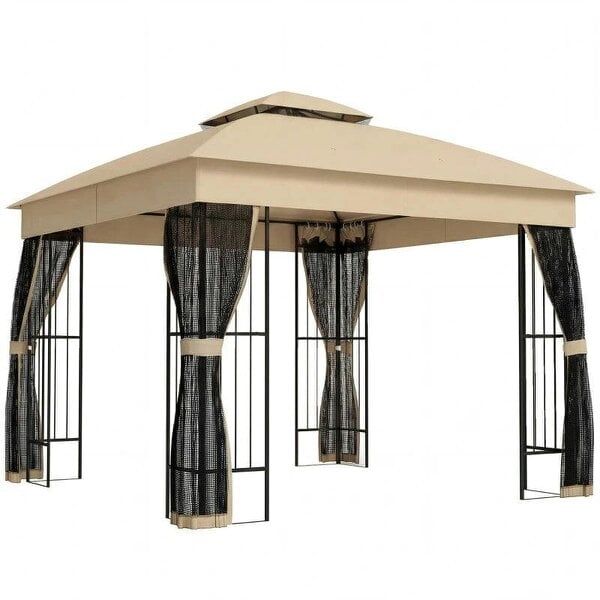 3 x 3 m Outdoor Garden Gazebo with Post Shelves, UPF50+ Double Roof Patio Permanent Pavilion, Brown