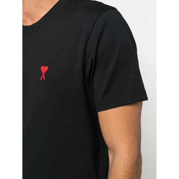 AMI Paris Ami De Coeur Red Embroidered Logo T-Shirt   in  Black