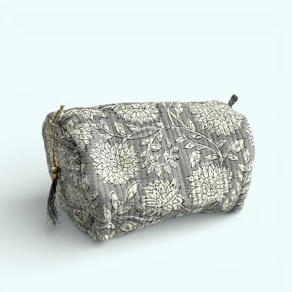 Hayley & Co Grey Floral Block Print Cotton Washbag, Make Up Bag, Pencil Case with Waterproof Lining - Pink Sunflower Print