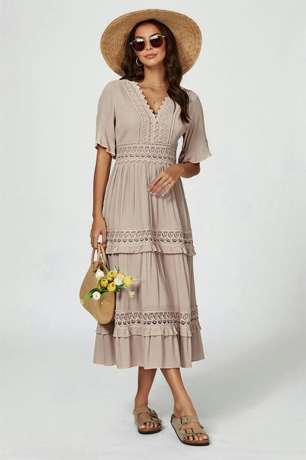 FS Collection V Neck Lace Detail Midi Dress In Soft Champagne