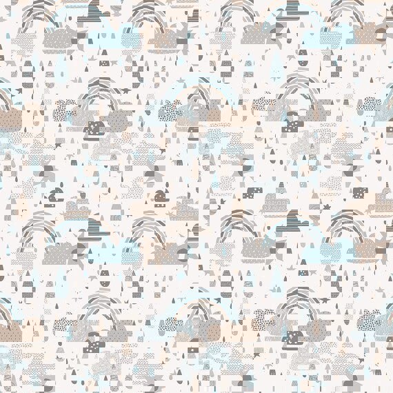 Rainbows, clouds and raindrops in brown and blue, children's bedroom and nursery décor. Big Little Bedrooms. Free Shipping. 