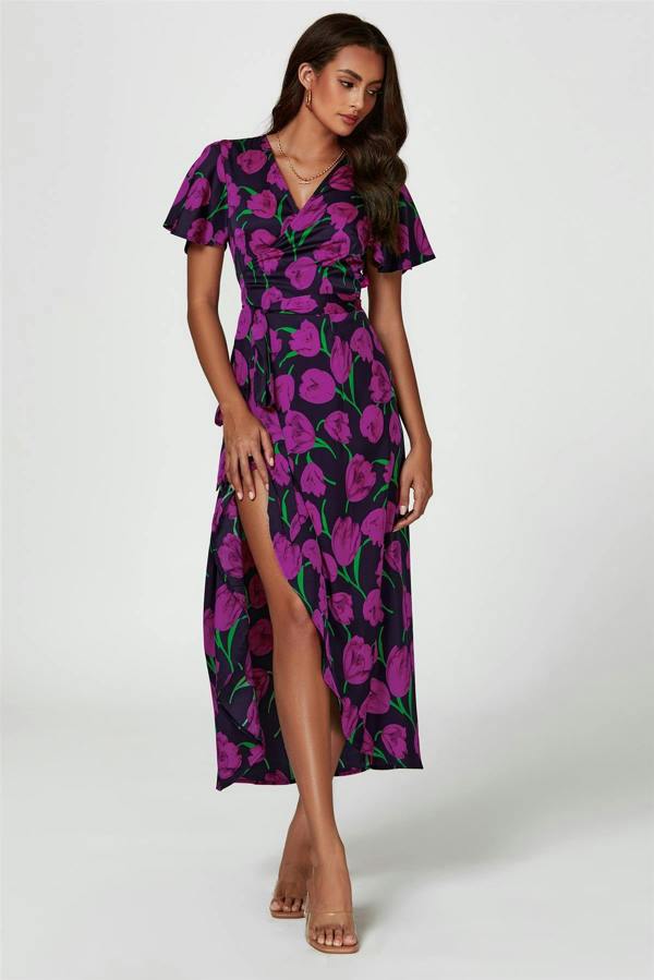 FS Collection Floral Print Satin Wrap Maxi Dress In Magenta