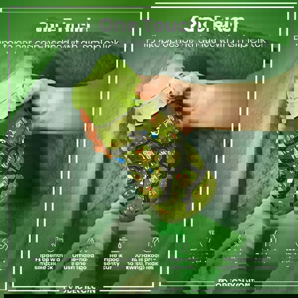 A green water bottle, with a flip top, is being held; its lid opens one-handed with a click. The bottle features a road map design. It is described as one-handed, triple lock security, and 100% leak-proof. POD RECYCLON™ is also mentioned.