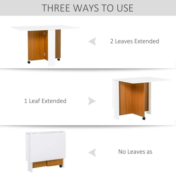 White folding dining table with teak wood panels, showing leaf extension options