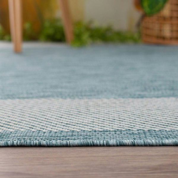Bordered Design Outdoor Rug for Garden in Aqua | The Rugs