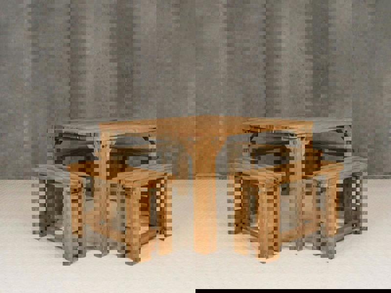 QUADRUM Rounded Picnic Table with 4 Benches – Rustic Finish Wooden Outdoor Dining Set for Gardens, Patios, and Picnics
