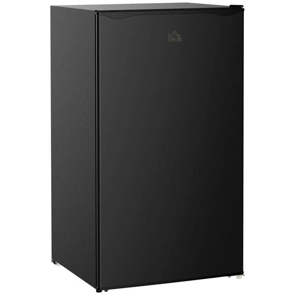 Black under-counter mini fridge with front door and sleek rectangular body