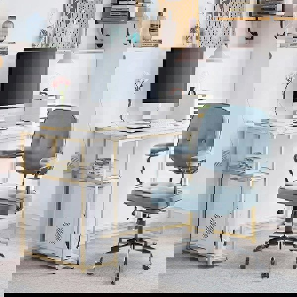 Blue Upholstered Office Chair with Armrests and Rolling Wheels Living and Home