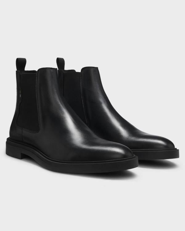 BOSS Orange Calev Mens Chelsea boots in polished leather with signature stitching - Black 001 | CHO | Designer Footwear,Mens Footwear,Boots,Short Boots