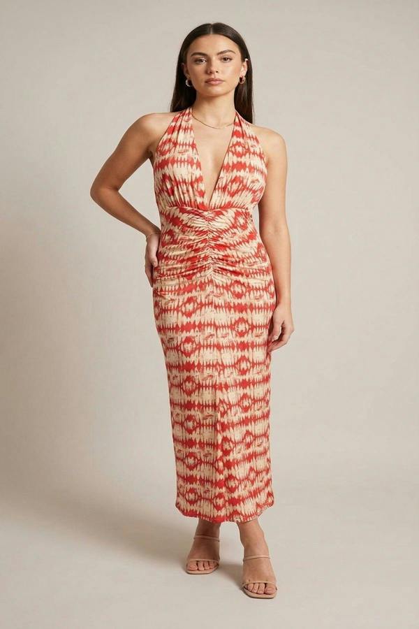 Seraya Halter Neck Ruched Abstract Print Midi Dress - Red