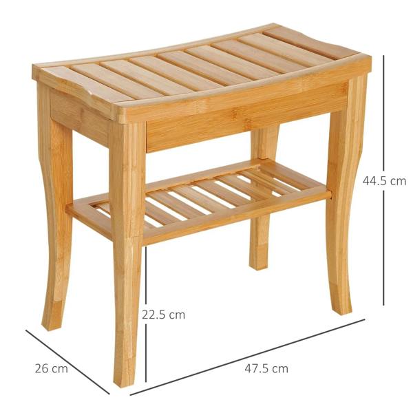 Natural wood slatted 2-tier shower bench stool with dimensions shown: 45 cm height.