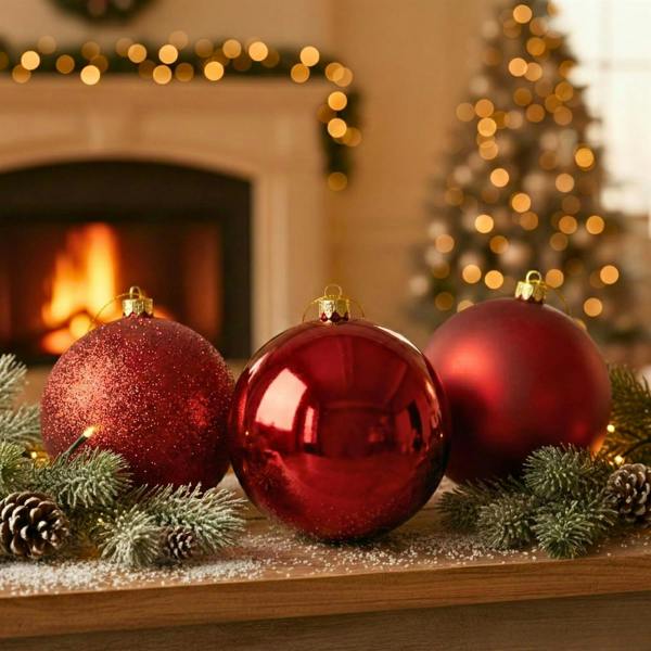 Shatchi 20cm Dark Red Christmas Baubles Set of 3 with Glossy, Matte and Glitter Finishes