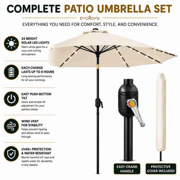 GlamHaus Garden Parasol Solar LED 2.7M ,Tilting Table Umbrella with Crank Handle, Protection UV40, Includes Parasol Cover- Cream