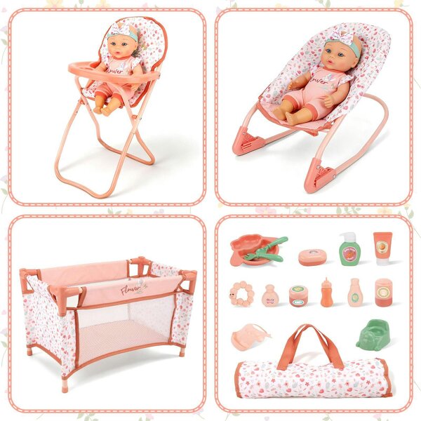 deAO Baby Doll Nursery Playset with 12" Doll, Crib, High Chair & Accessories for Kids 3+
