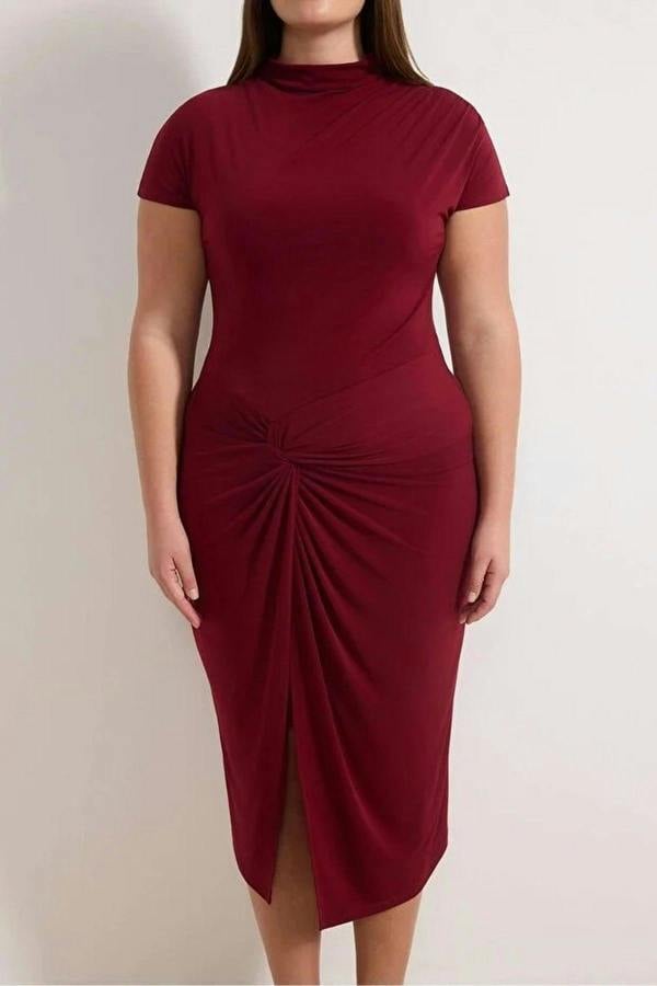 WOVCOR High Neck Knot Detail Midi Knitted Plus Size Dress