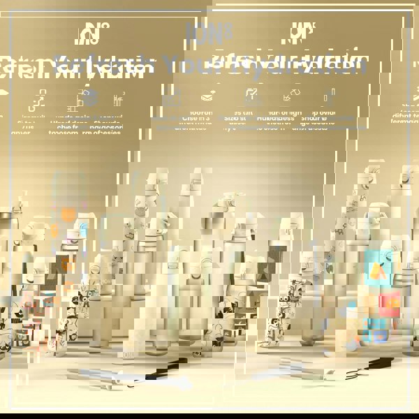 Several water bottles, displaying various designs and sizes, are arranged on a beige surface. Refresh Your Hydration. Choose from 3 different materials. Sizes to suit any user. Hundreds of designs to choose from. Shop our wide range of accessories.