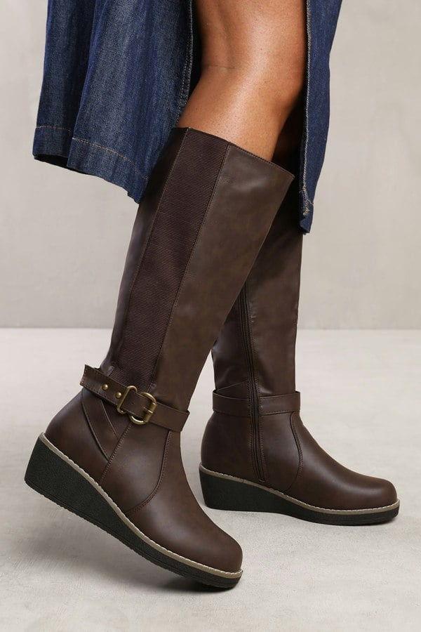 Where's That From Vanda Wedge Heel Knee High Boots With Elastic Panel in Brown