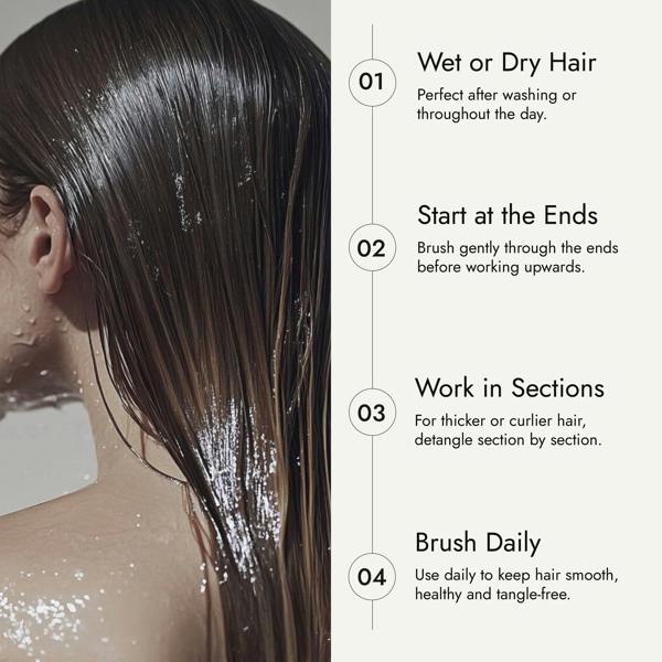 Beige hairbrush with 'Rosemary Hair Oil Co.' branding on a beige background, detangle brush, tangle teaser, flexi brush, how to use