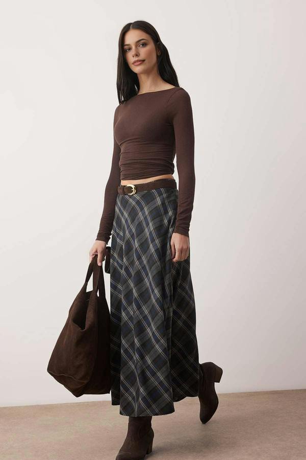 WOVCOR Argyle Woven Long Maxi Flared Skirt