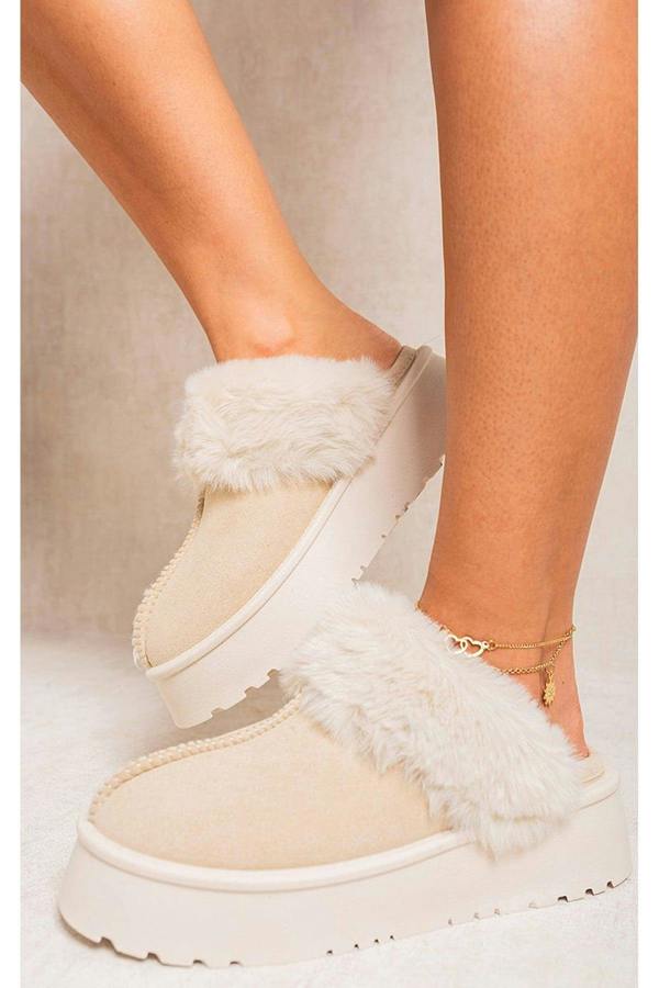 Kelly Faux Fur Trim Whisp Chunky Platform Slippers - Beige