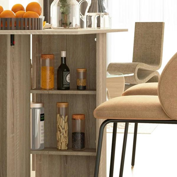 Natural wood drop-leaf table with open two-tier storage for bottles and pantry items