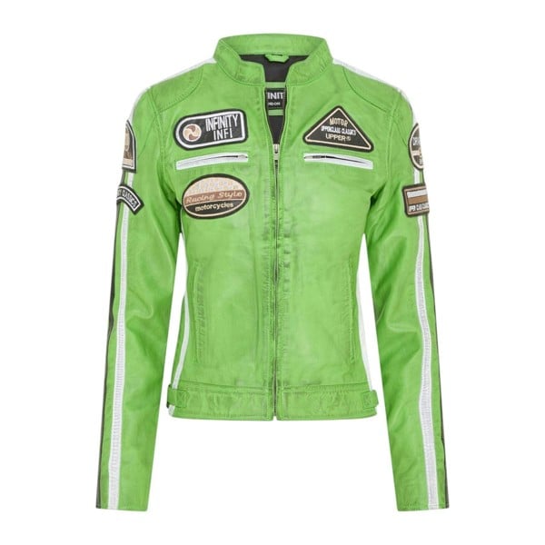 Infinity Leather Womens Leather Biker Racing Badges Jacket-Agadir - Green