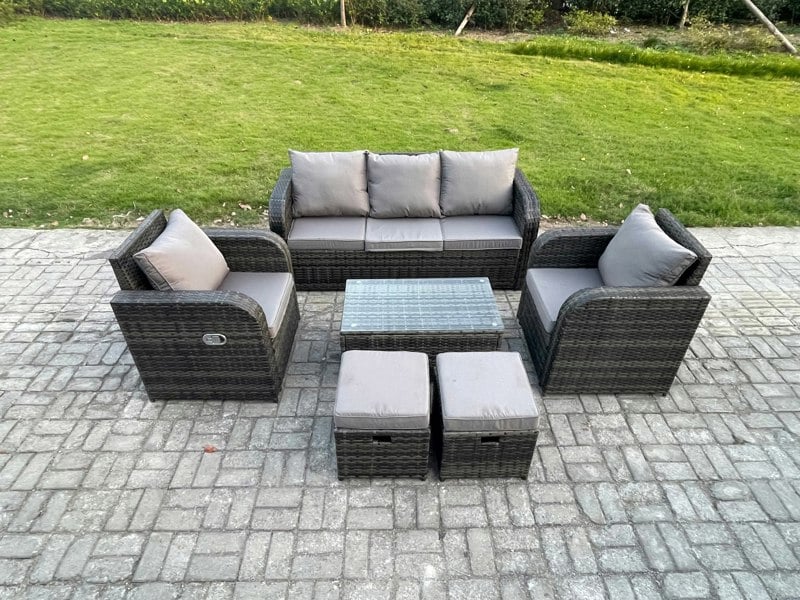 Fimous Outdoor Rattan Garden Furniture Set Patio Lounge Sofa Set with Reclining Chair Rectangular Coffee Table 2 Small Footstool Dark Grey Mixed