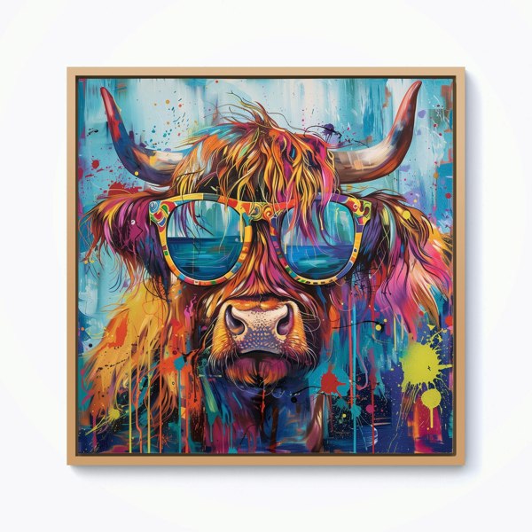 Warren Reed Splash Art Highland Cow With Glasses Framed Canvas