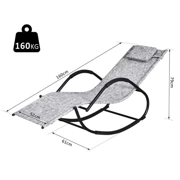 Grey zero gravity rocking lounge chair with pillow; dimensions shown for length and height